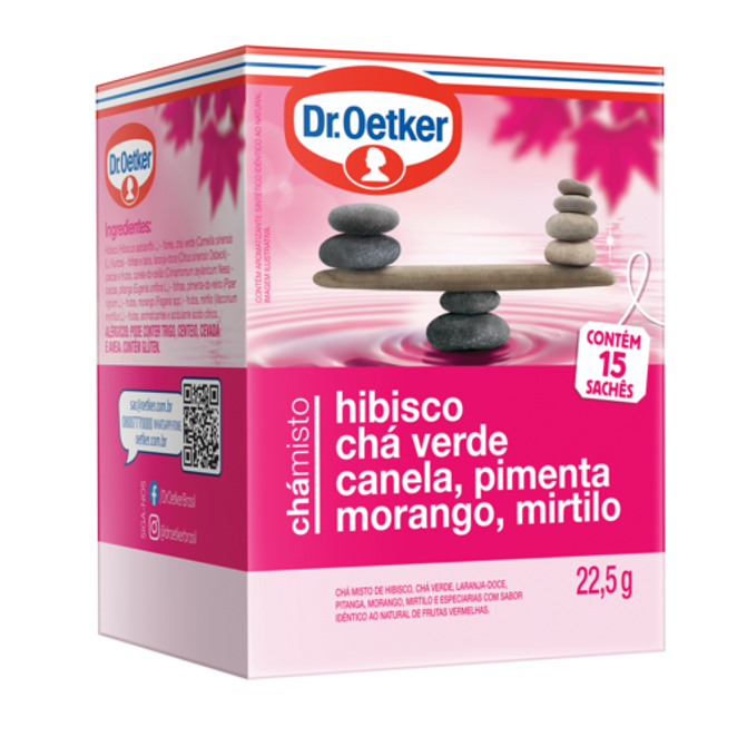 Dr. Oetker Chá de Hibisco, Chá verde, Canela, Pimenta, Morango e Mirtilo - 15 Sachês