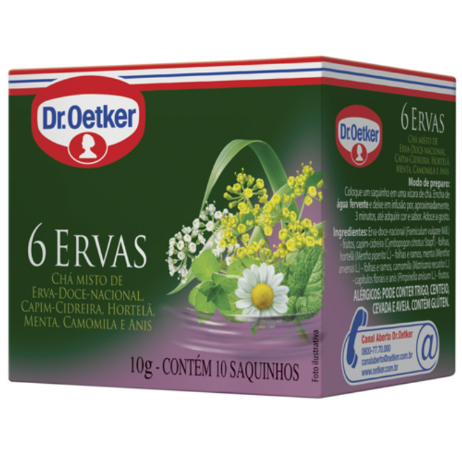 Dr. Oetker Chá 6 Ervas, Erva-Doce-Nacional, Capim-Cidreira, Hortelã, Menta, Camomila, Anis  - 10 Sachês