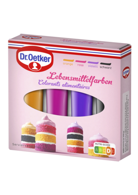 Dr. Oetker Lebensmittelfarben Rosa, Violett, Schwarz und Orange