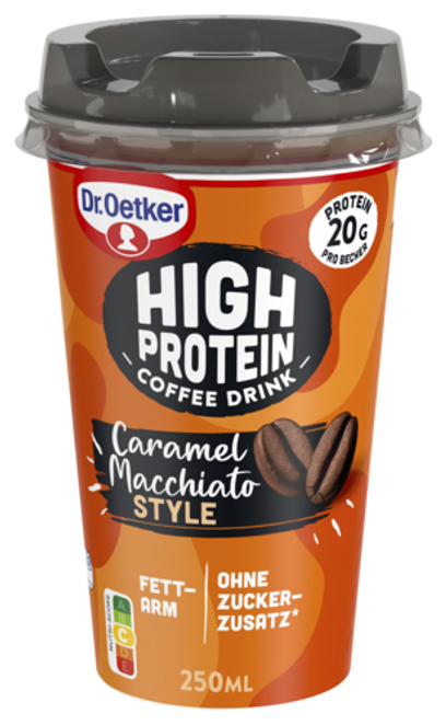 Dr. Oetker High Protein Kávé Caramel Macchiato stílusban