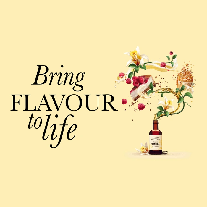 Picture - Taylor & Colledge vanilla extract bottle surrounded by vanilla flowers, raspberries and dessert ingredients, illustrating the brand message “Bring Flavour to Life”